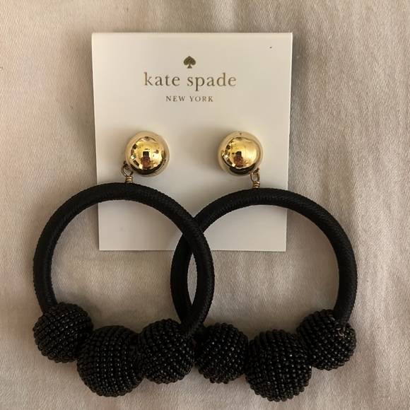 Brand New Black Kate Spade Dangle / Hoop Thread Earrings with Balls - Picture 1 of 4